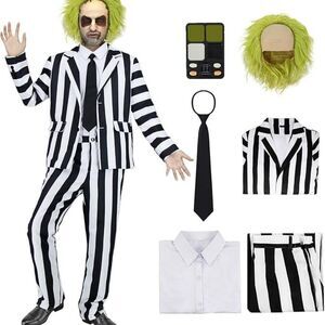 7 Pc Horror Movie Costume Men Black and White Striped Suit Adult Horror Sz M NIP